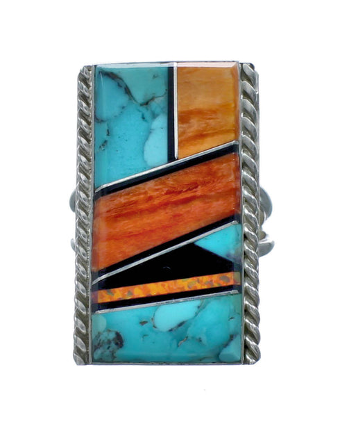 Native American Sterling Silver Multicolor Inlay Ring Size 7-1/4 NN20606